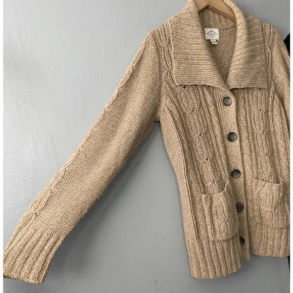 Y2K Cable Knit Cardigan Size Large Tan Button Sweater Pockets Chunky Academia - Picture 2 of 9